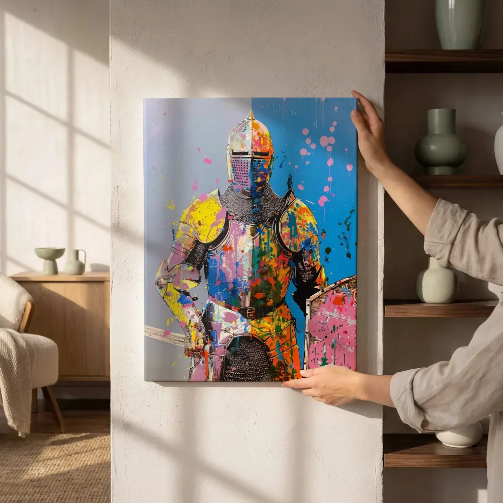 Sfeerimpressie: Ridderharnas in pop-art kleuren naast de kast