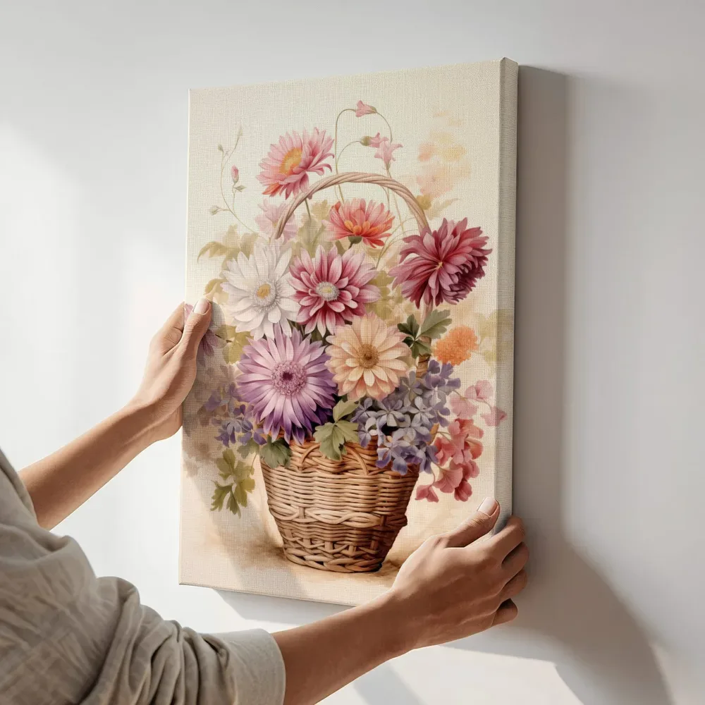 Sfeerimpressie: Rieten mand met kleurrijke margrieten terwijl het aan de muur wordt gehangen