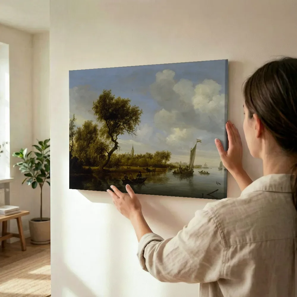 Sfeerimpressie: Rivierlandschap met een kerk in de verte van Salomon van Ruysdael terwijl het wordt opgehangen