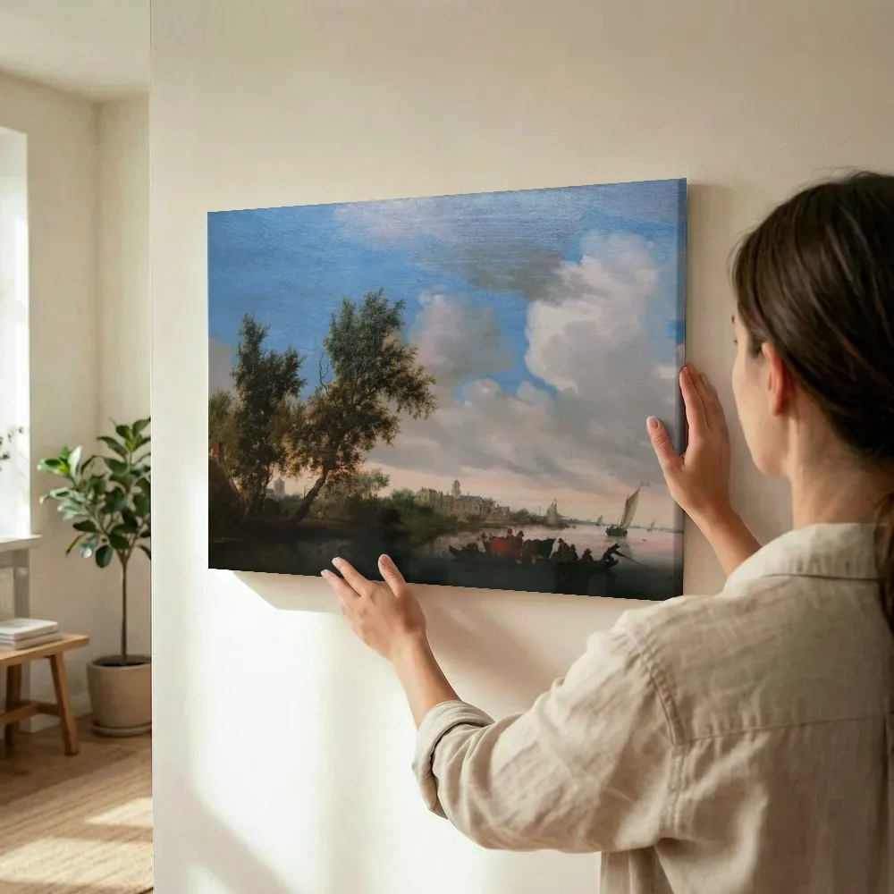 Sfeerimpressie: Rivierlandschap met kasteel Nijenrode van Salomon van Ruysdael terwijl het wordt opgehangen