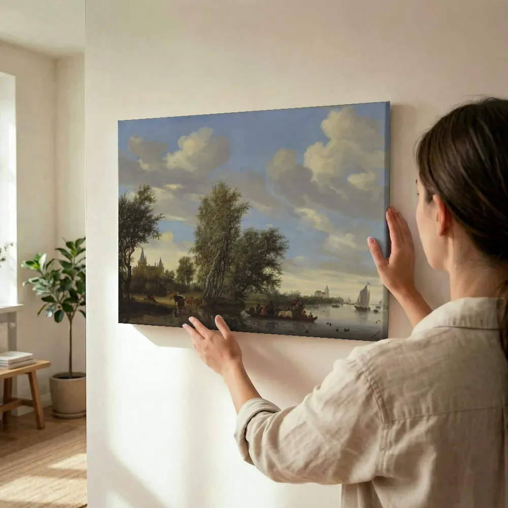 Sfeerimpressie: Rivier landschap met veerpont van Salomon van Ruysdael terwijl het wordt opgehangen