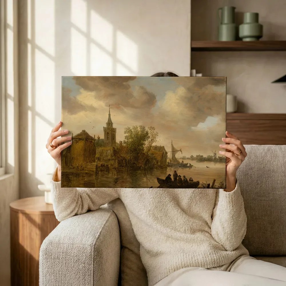 Sfeerimpressie: Riviergezicht met kerk en boerderij van Jan van Goyen terwijl het omhoog wordt gehouden