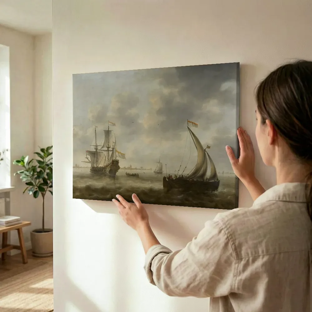 Sfeerimpressie: Riviergezicht met schepen van Jacob Adriaensz Bellevois terwijl het wordt opgehangen