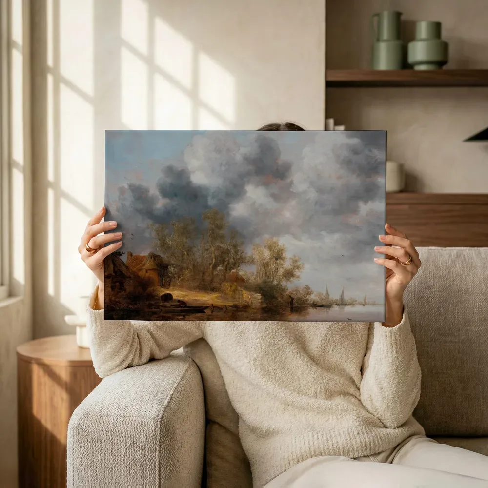 Sfeerimpressie: Rivierlandschap met boerderijen en enkele figuren van Salomon van Ruysdael terwijl het omhoog wordt gehouden