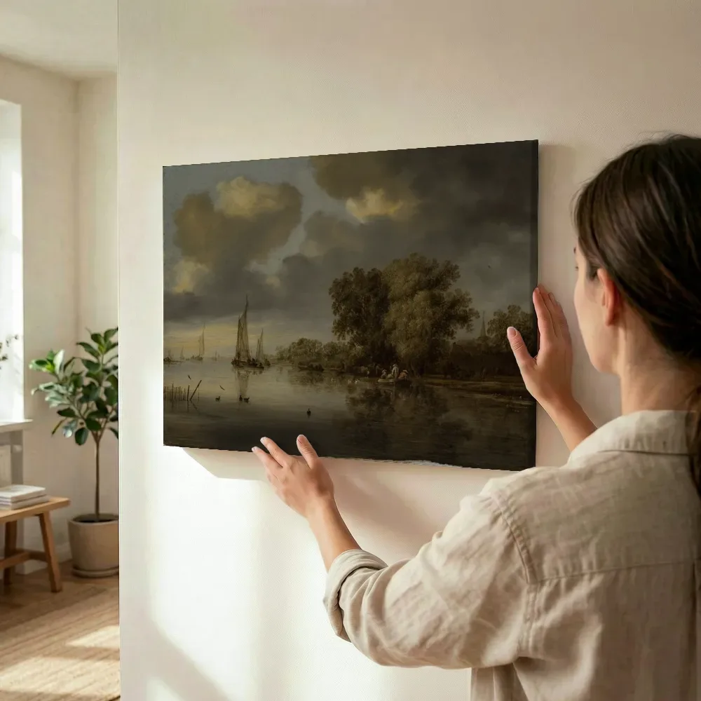 Sfeerimpressie: Rivierlandschap van Salomon van Ruysdael terwijl het wordt opgehangen