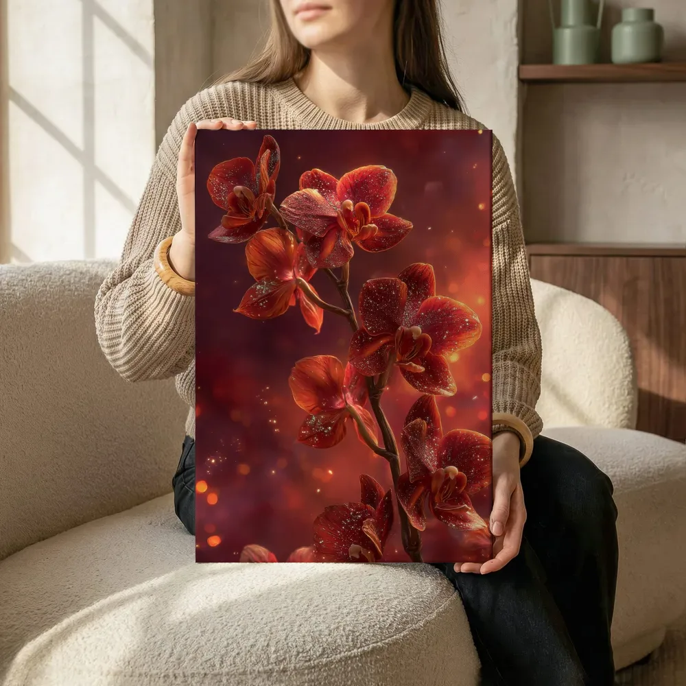 Sfeerimpressie: Robijnrode orchideeën vol sterrenstof terwijl het zittend wordt getoond