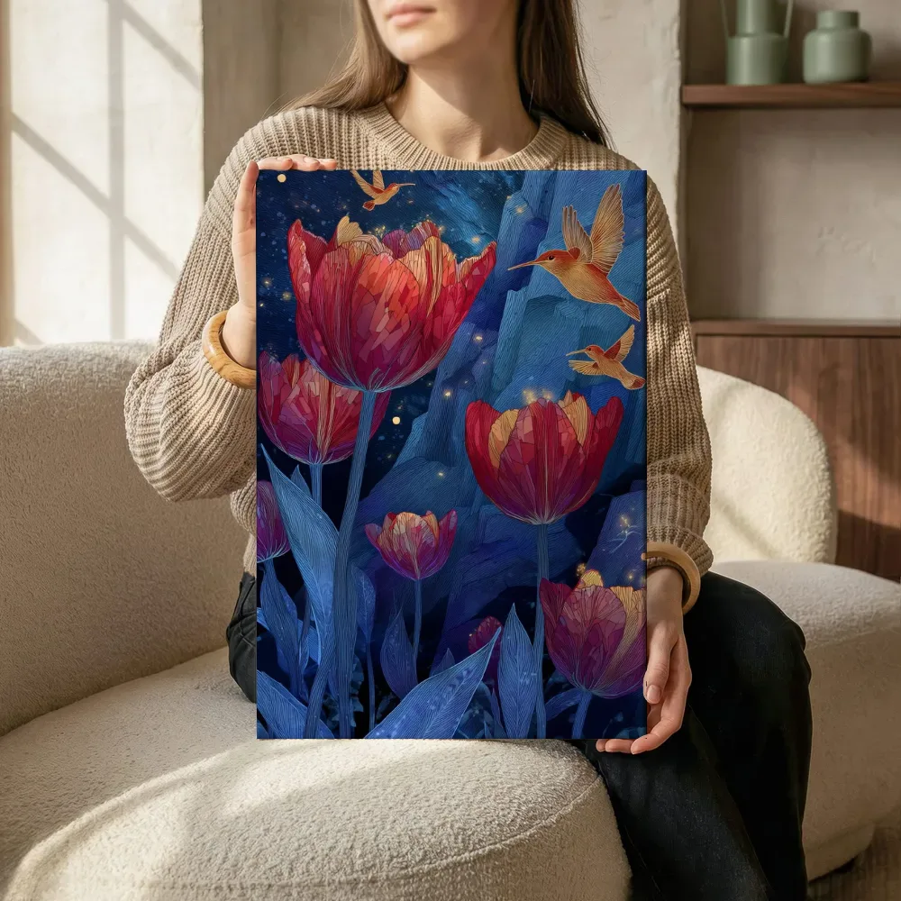 Sfeerimpressie: Robijnrode tulpen in de kristallen vallei terwijl het zittend wordt getoond