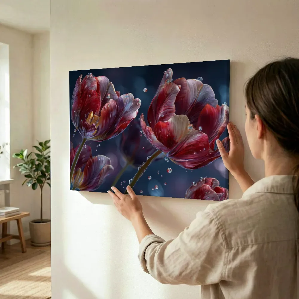 Sfeerimpressie: Robijnrode tulpen met dauwdruppels terwijl het wordt opgehangen