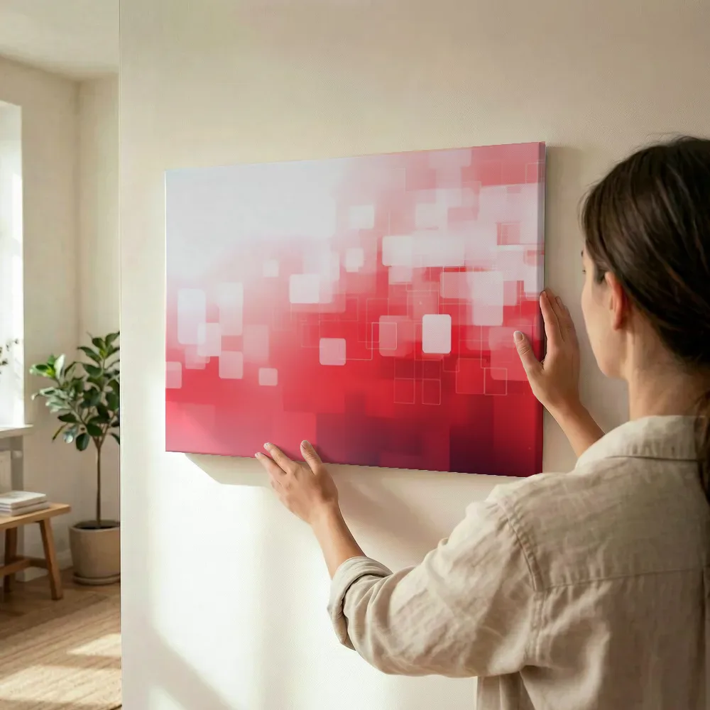 Sfeerimpressie: Rode abstracte vierkanten compositie terwijl het wordt opgehangen