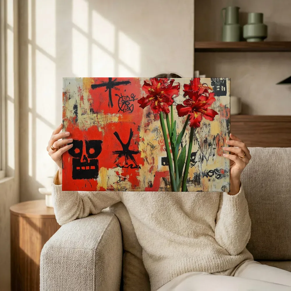 Sfeerimpressie: Rode amaryllis met schedelsymbool terwijl het omhoog wordt gehouden