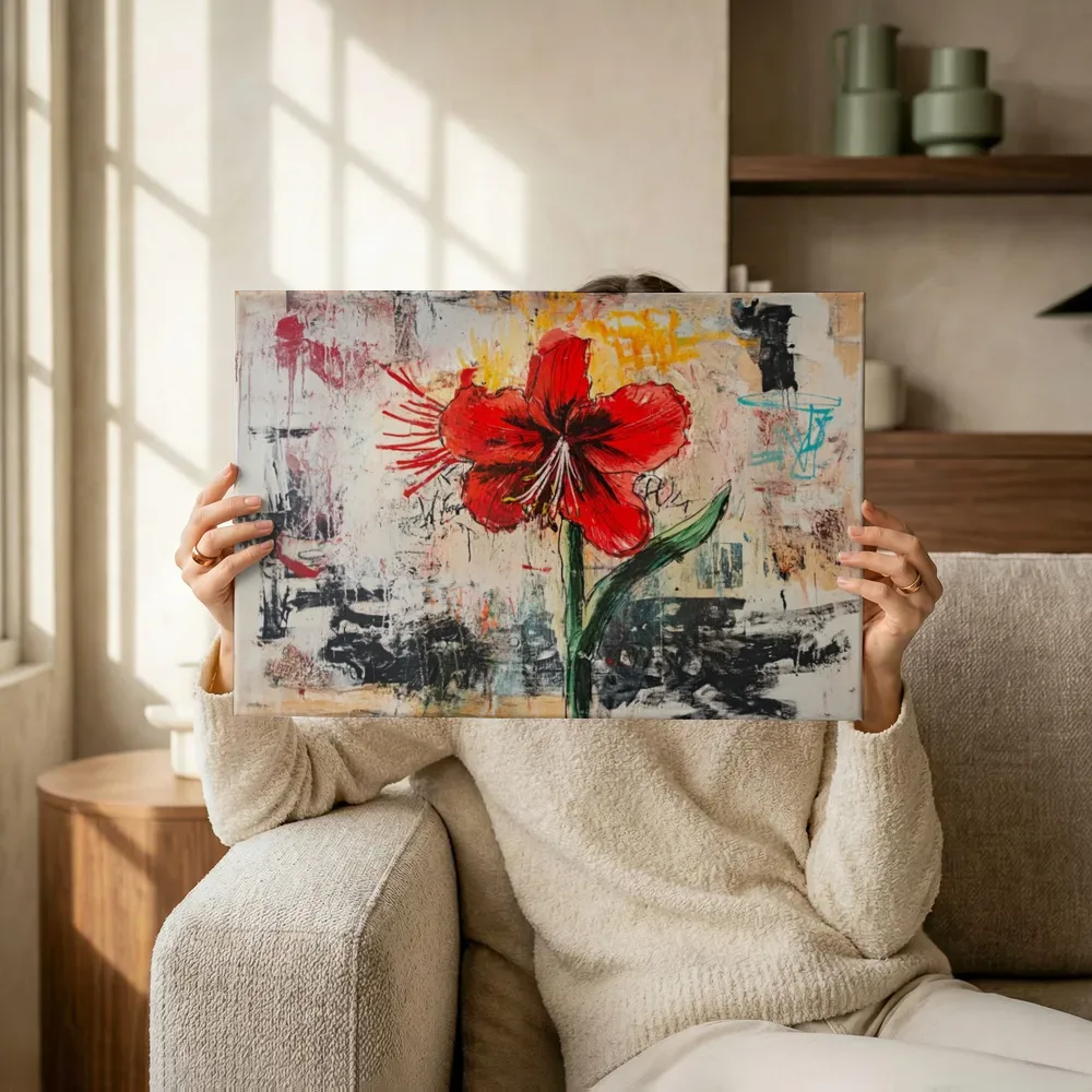 Sfeerimpressie: Rode amaryllis met teal krabbels terwijl het omhoog wordt gehouden
