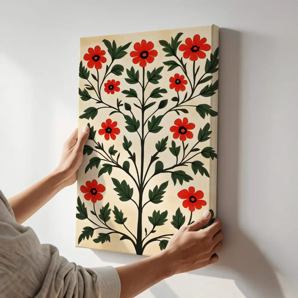 Sfeerimpressie: Rode anemonen decoratief patroon terwijl het aan de muur wordt gehangen
