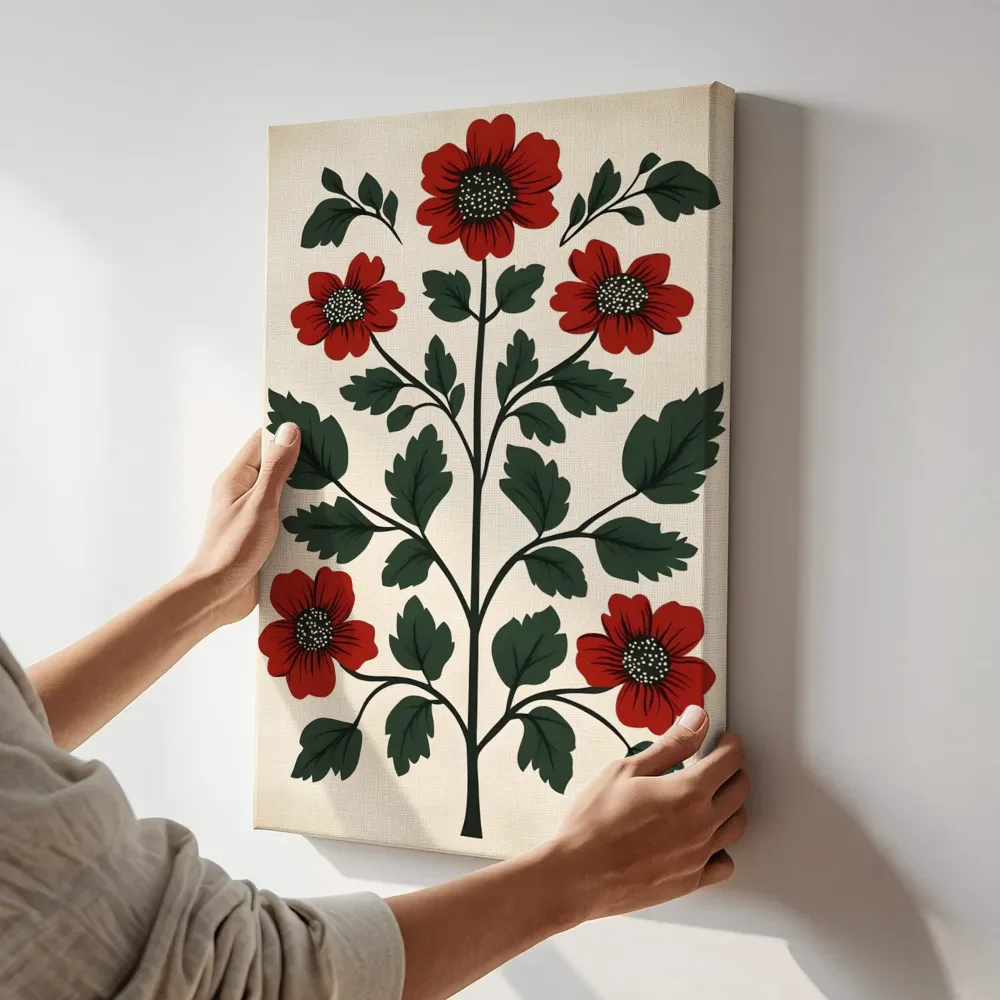Sfeerimpressie: Rode anemonen in volkskunststijl terwijl het aan de muur wordt gehangen