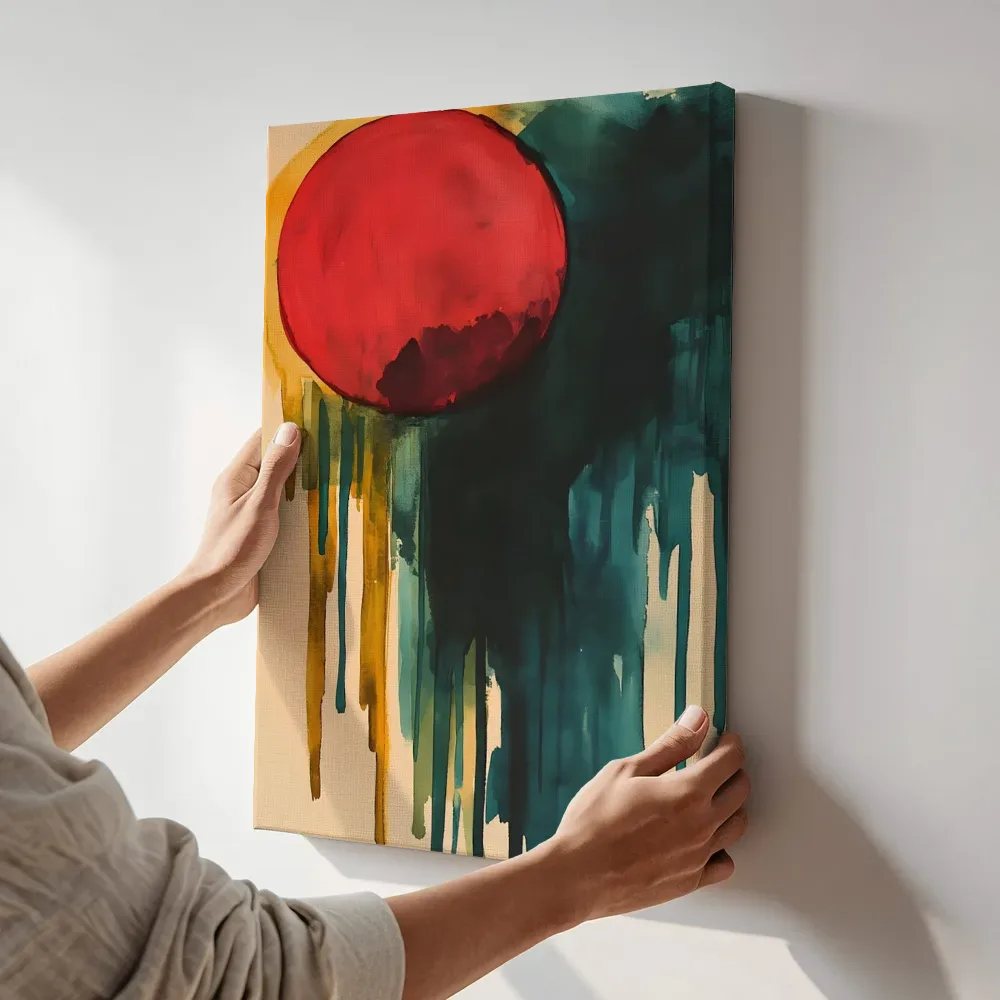 Sfeerimpressie: Rode cirkel abstract terwijl het aan de muur wordt gehangen