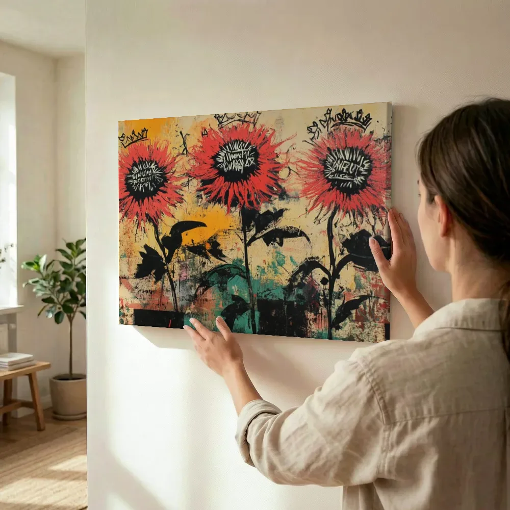 Sfeerimpressie: Rode dahlia's met kroontjes terwijl het wordt opgehangen