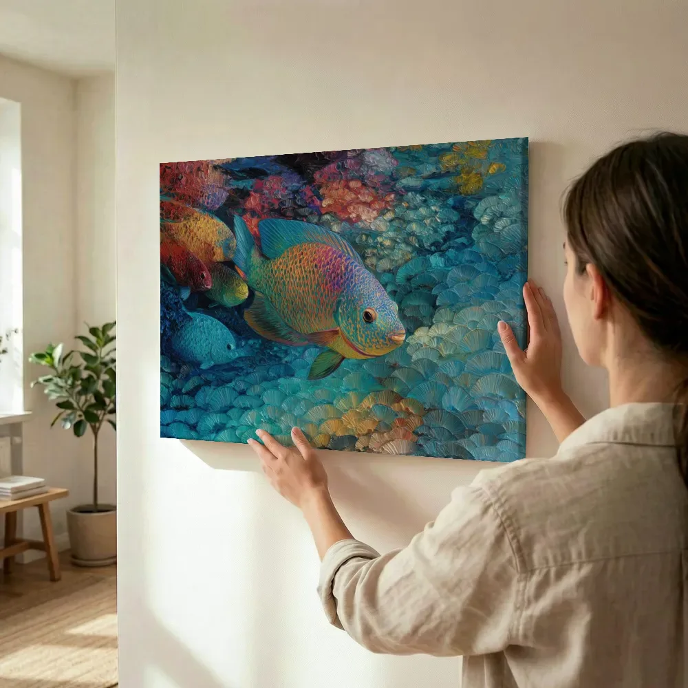 Sfeerimpressie: Rode en blauwe vis bij koraal terwijl het wordt opgehangen