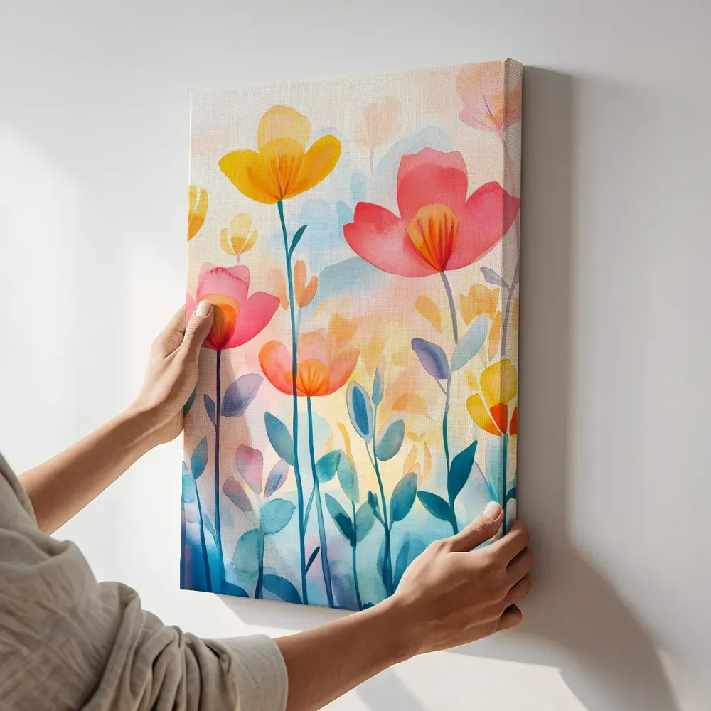 Sfeerimpressie: Rode en gele bloemen op pastel terwijl het aan de muur wordt gehangen