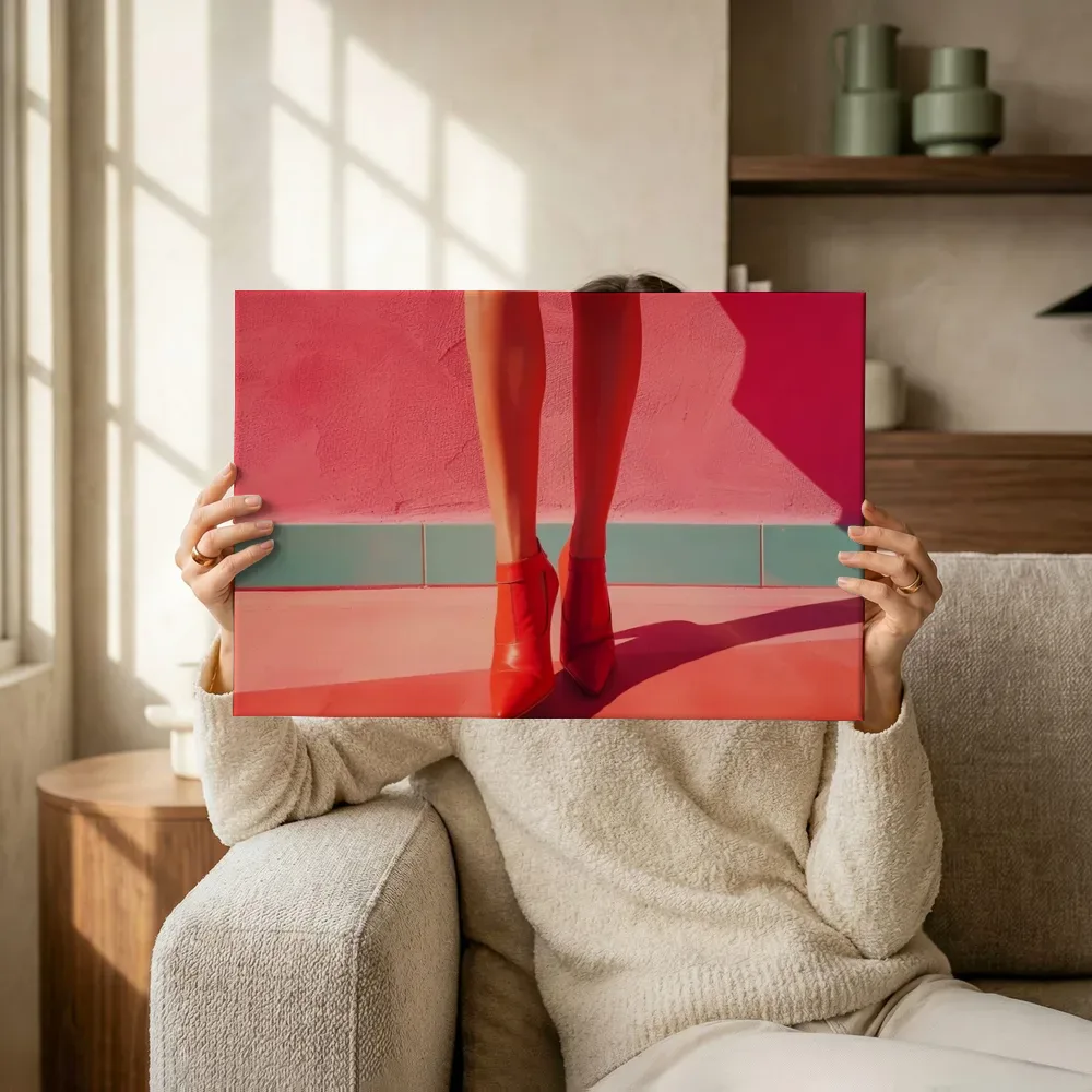 Sfeerimpressie: Rode enkellaarsjes tegen roze muur terwijl het omhoog wordt gehouden