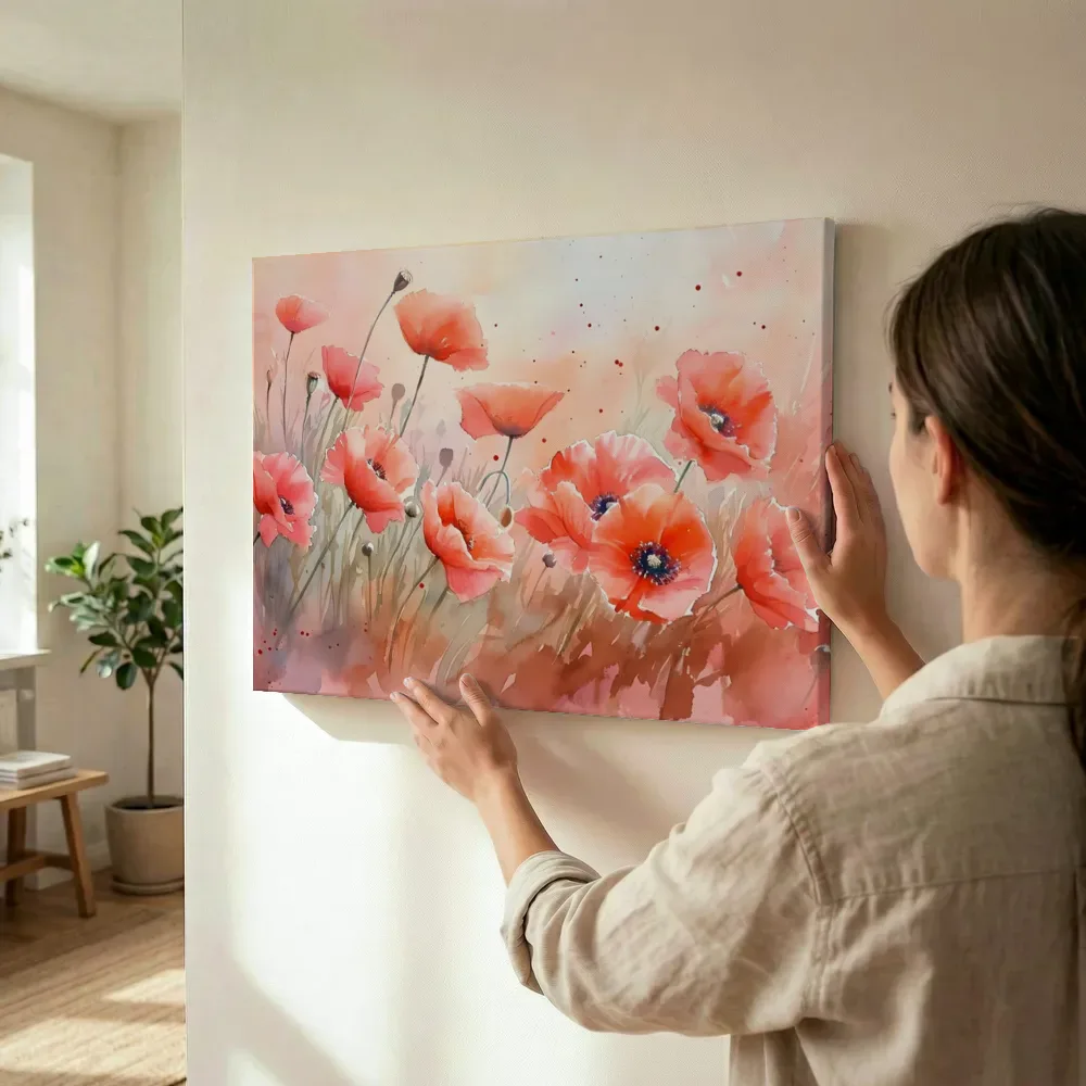 Sfeerimpressie: Rode klaprozen in aquarel terwijl het wordt opgehangen