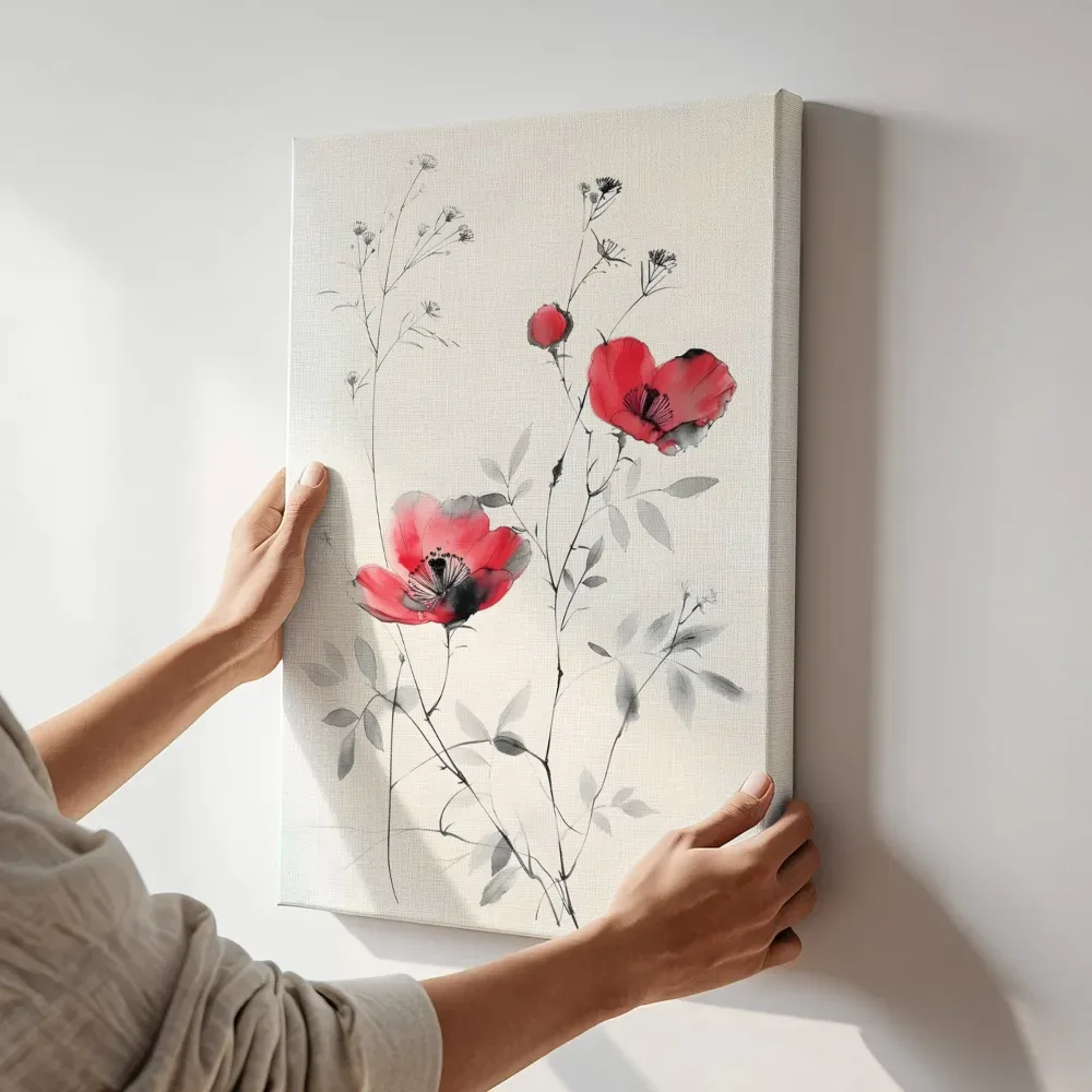 Sfeerimpressie: Rode klaprozen inktwas terwijl het aan de muur wordt gehangen