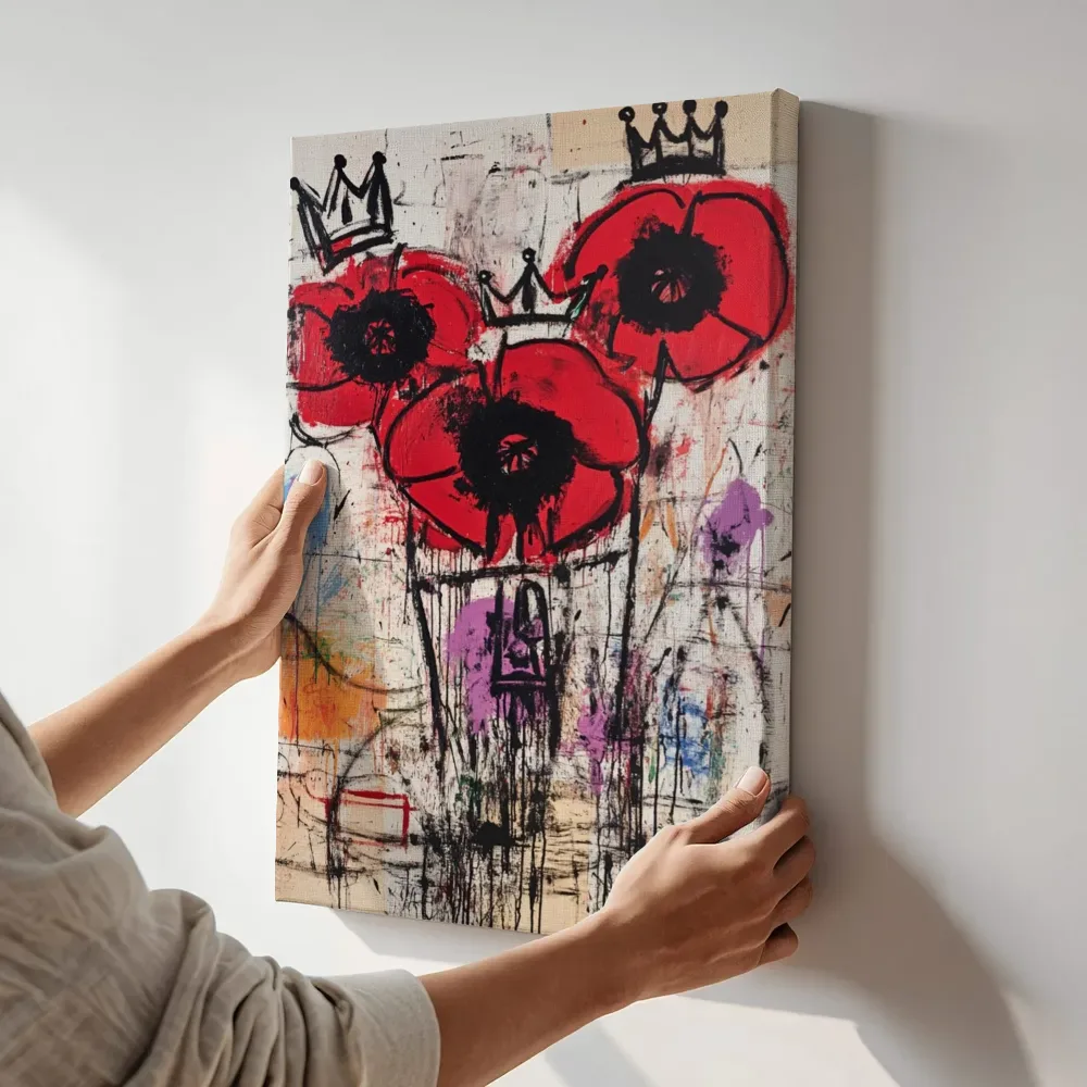 Sfeerimpressie: Rode klaprozen met kroontjes terwijl het aan de muur wordt gehangen