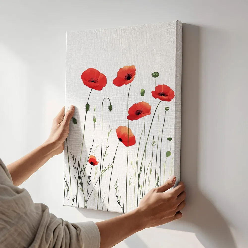 Sfeerimpressie: Rode klaprozen veldboeket terwijl het aan de muur wordt gehangen