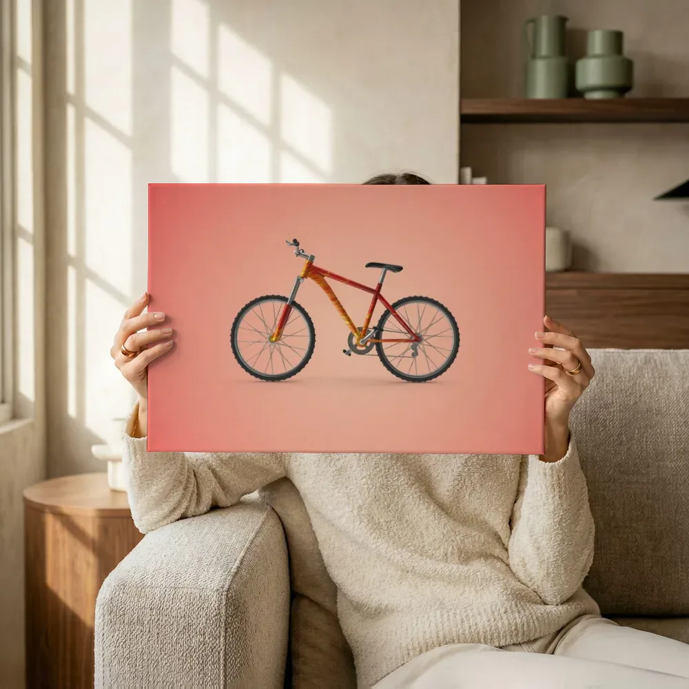Sfeerimpressie: Rode mountainbike in studiolicht terwijl het omhoog wordt gehouden
