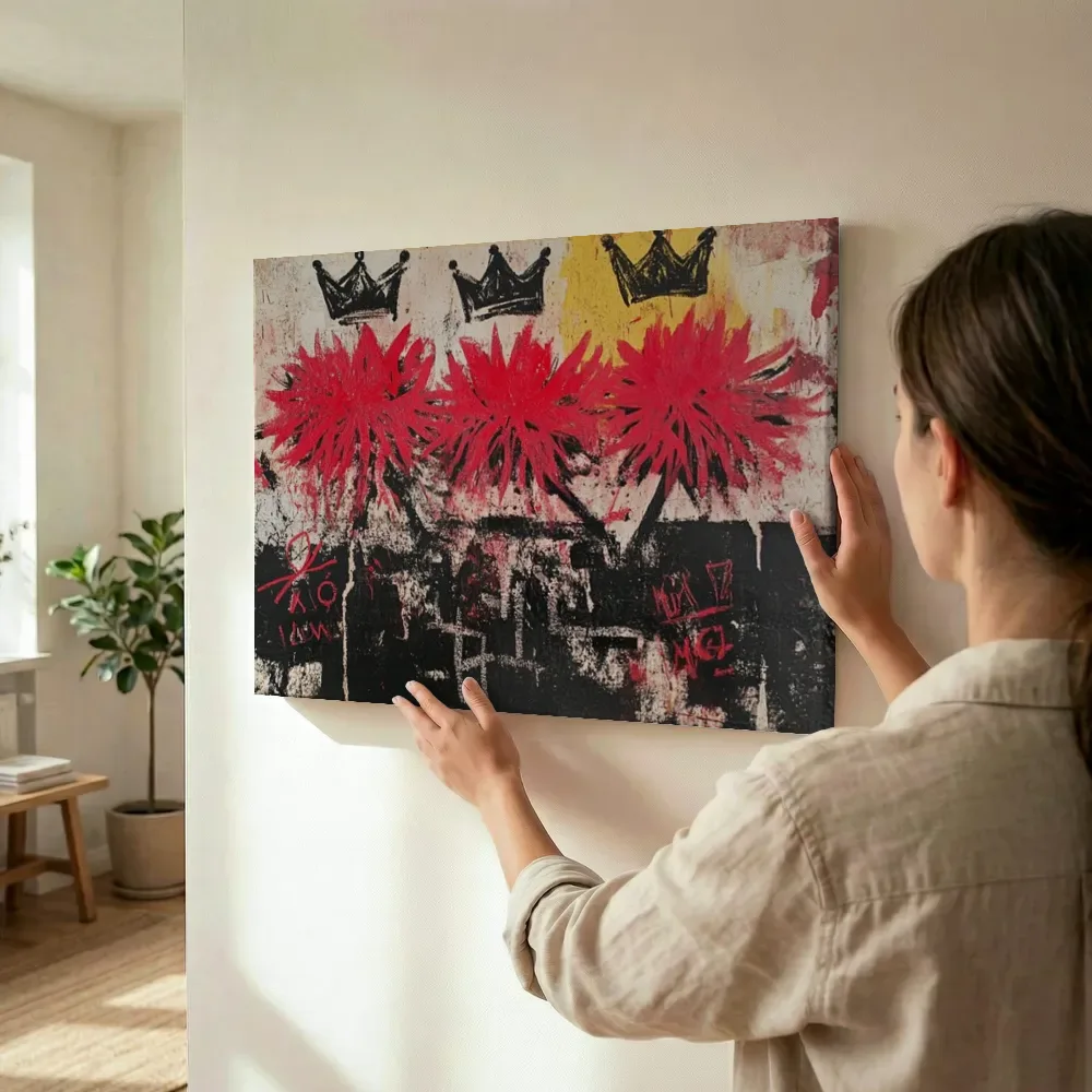 Sfeerimpressie: Rode pompon bloemen met drie kronen terwijl het wordt opgehangen