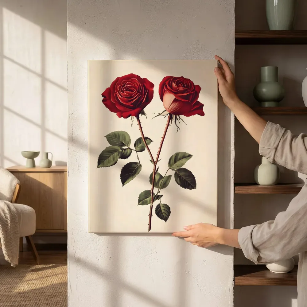 Sfeerimpressie: Rode rozen botanische illustratie naast de kast