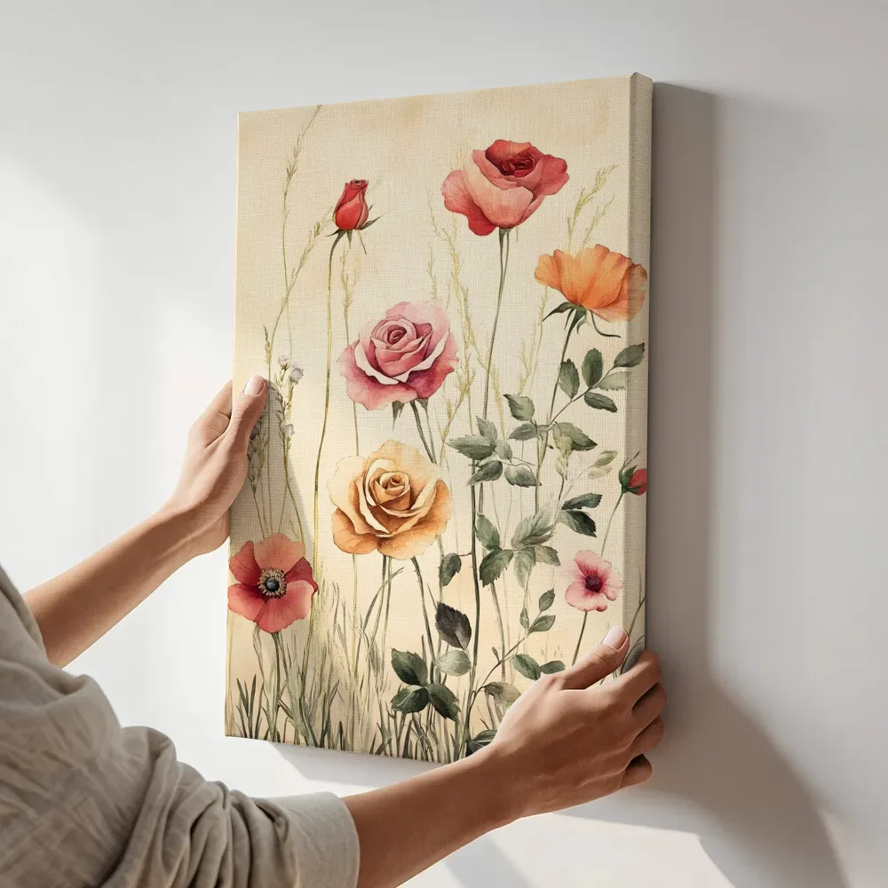 Sfeerimpressie: Rode rozen en klaprozen terwijl het aan de muur wordt gehangen