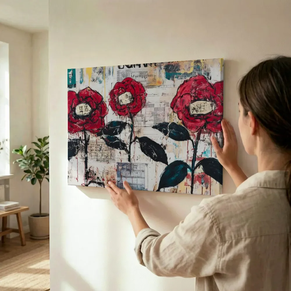 Sfeerimpressie: Rode rozen met technische tekening terwijl het wordt opgehangen