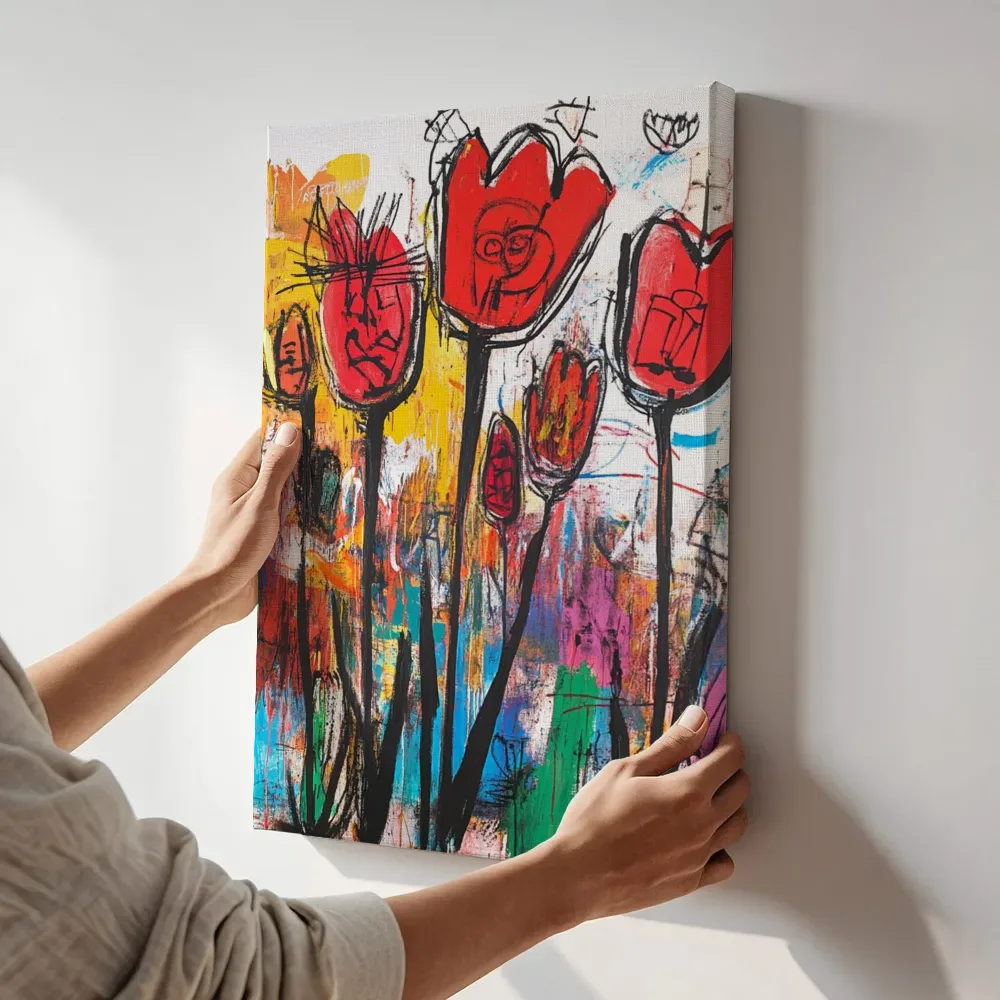 Sfeerimpressie: Rode tulpen met krabbels terwijl het aan de muur wordt gehangen