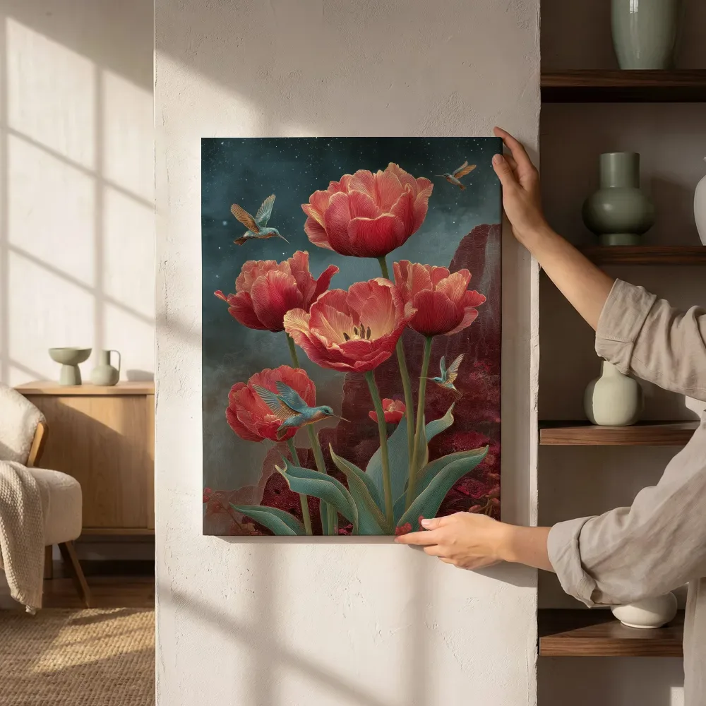 Sfeerimpressie: Tulpen in de sterrennacht naast de kast
