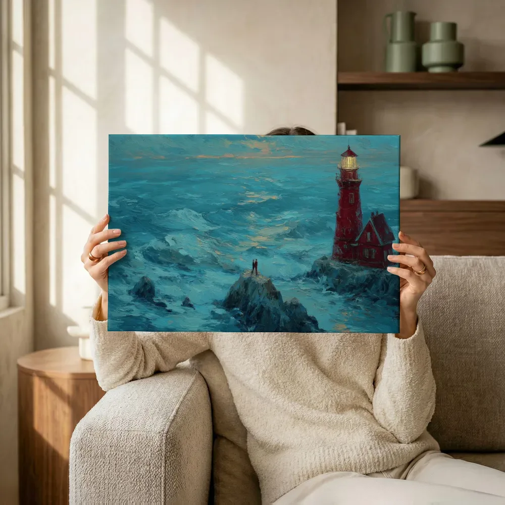 Sfeerimpressie: Rode vuurtoren aan turquoise kust terwijl het omhoog wordt gehouden