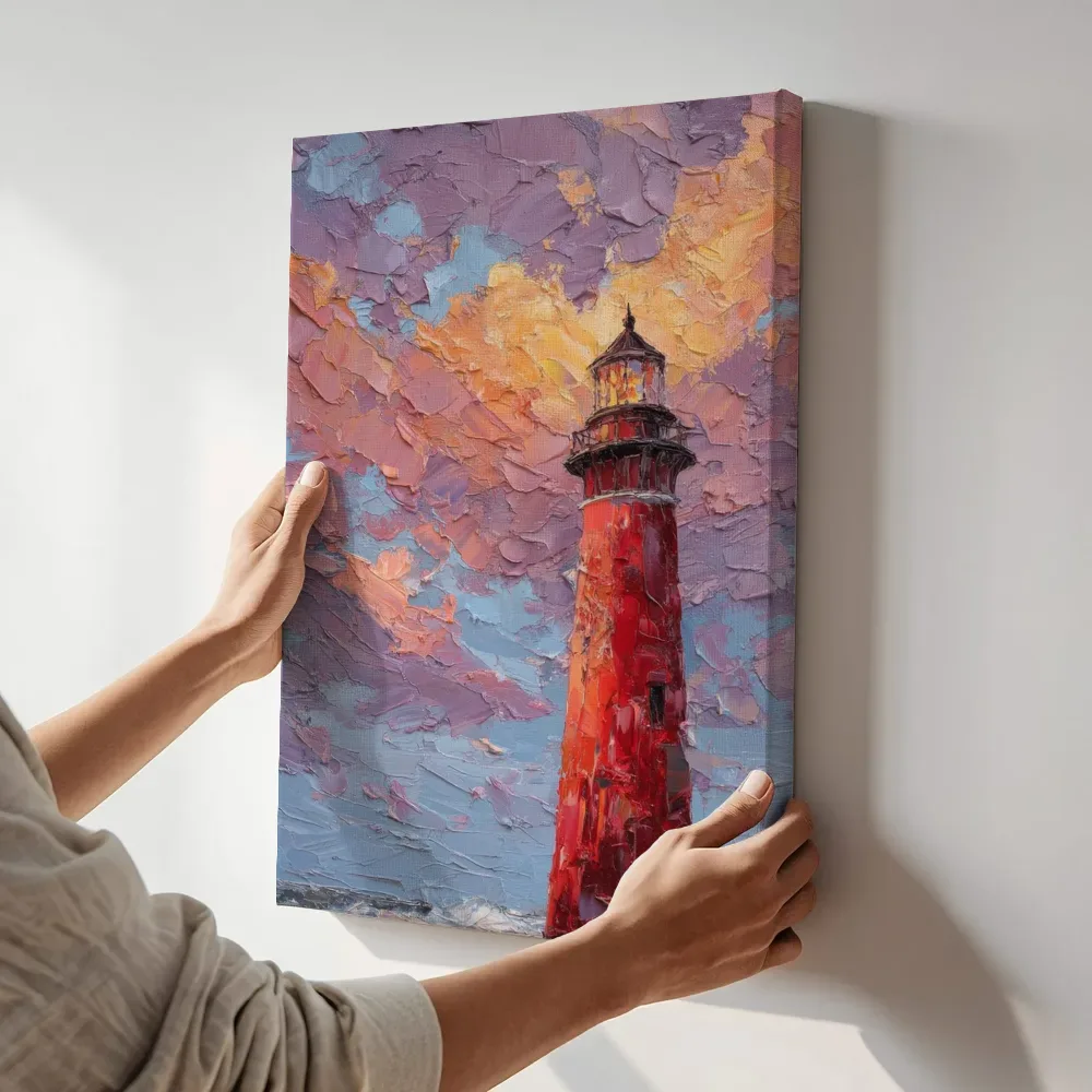 Sfeerimpressie: Rode vuurtoren bij paarse zonsondergang terwijl het aan de muur wordt gehangen