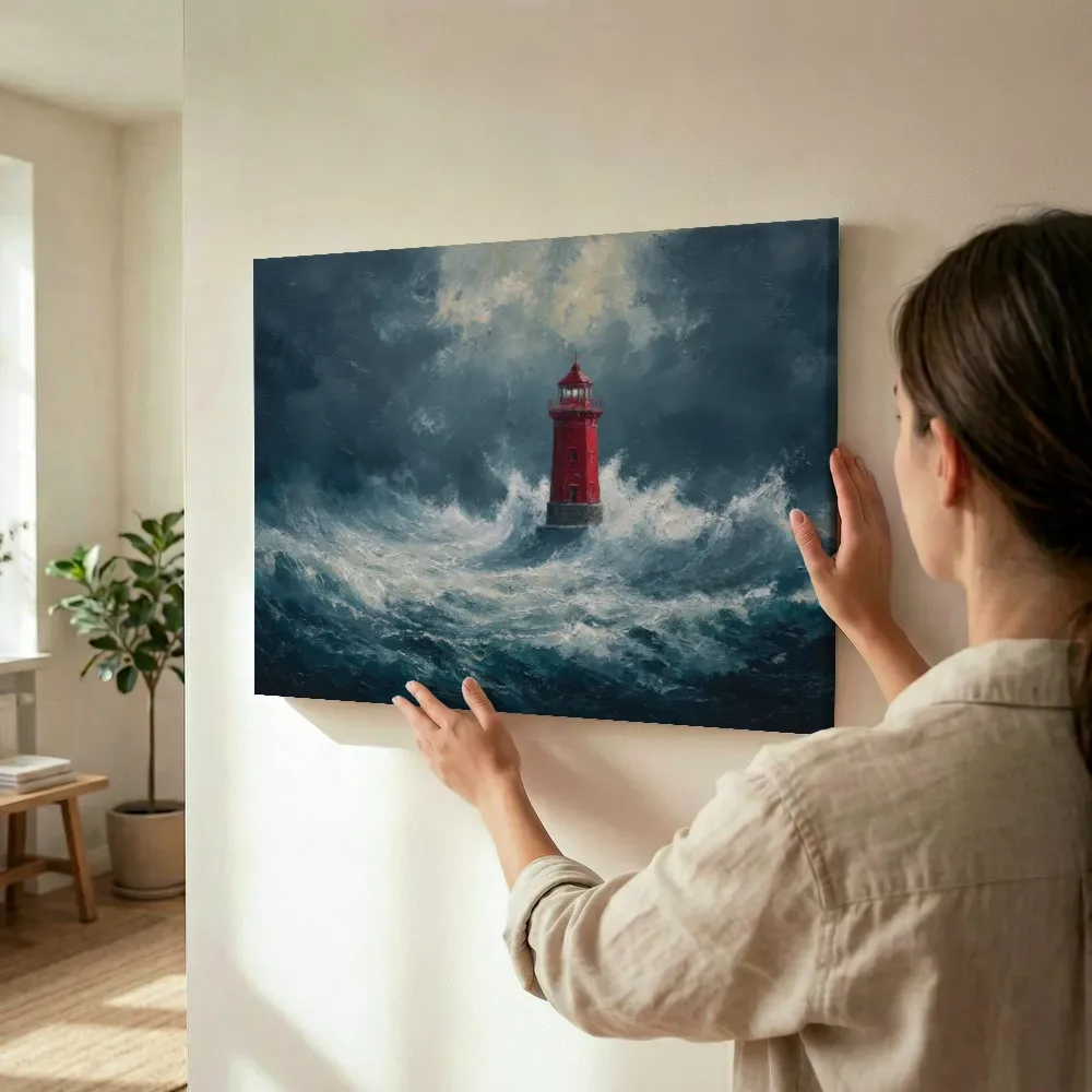 Sfeerimpressie: Rode vuurtoren in donkere oceaangolven terwijl het wordt opgehangen