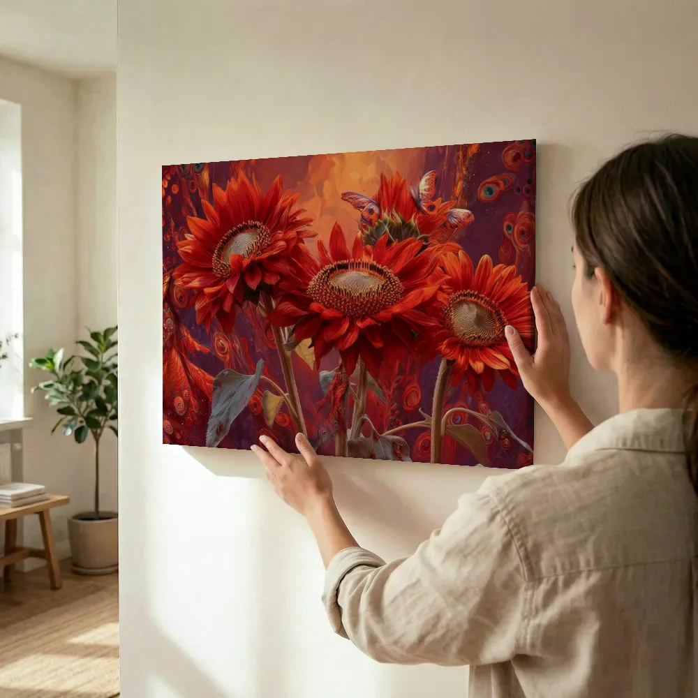 Sfeerimpressie: Rode zonnebloemen in vuurpatroon terwijl het wordt opgehangen