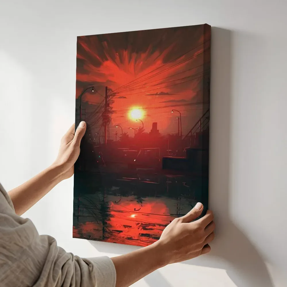 Sfeerimpressie: Rode zonsondergang in de stad terwijl het aan de muur wordt gehangen