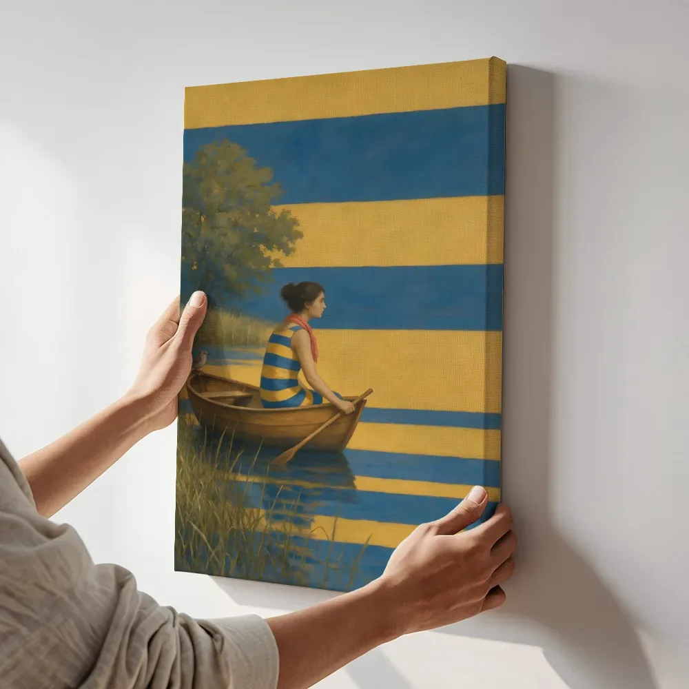 Sfeerimpressie: Roeiboot in het riet in delftsblauw en mosterd terwijl het aan de muur wordt gehangen
