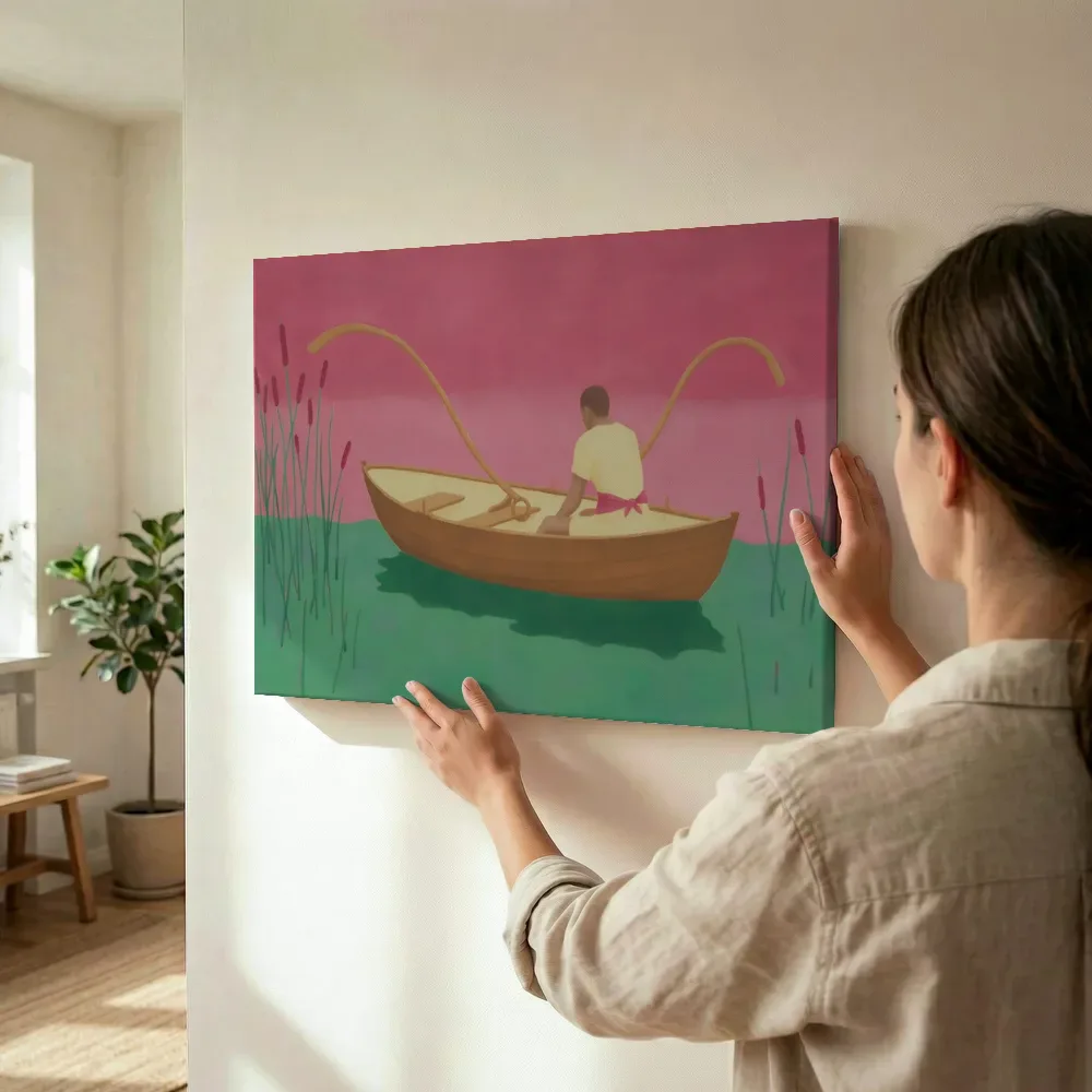 Sfeerimpressie: Roeiboot in het riet in framboos en jade terwijl het wordt opgehangen