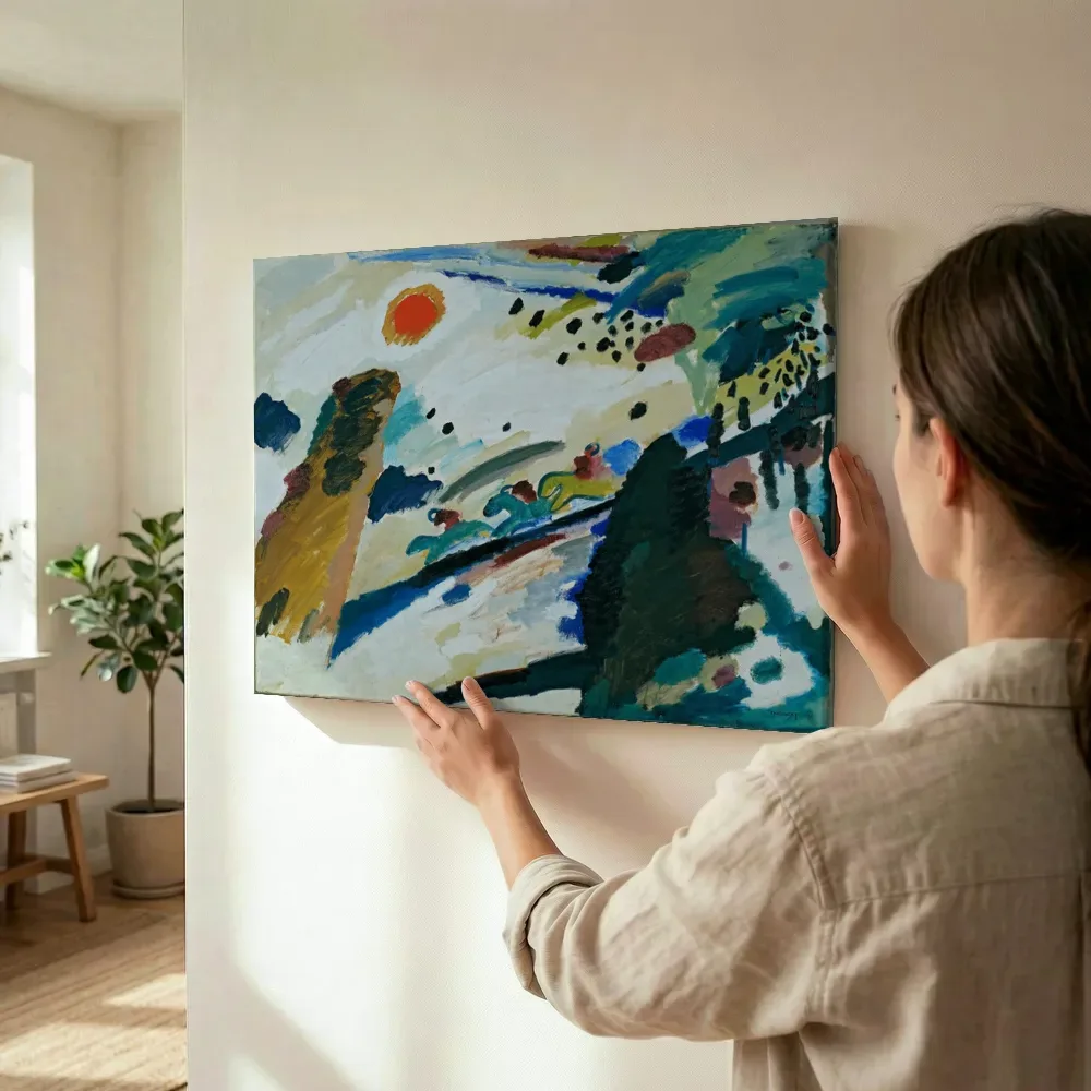 Sfeerimpressie: Romantisch landschap van Wassily Kandinsky terwijl het wordt opgehangen