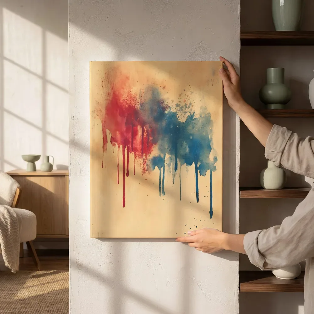 Sfeerimpressie: Rood blauw verfdruppels naast de kast