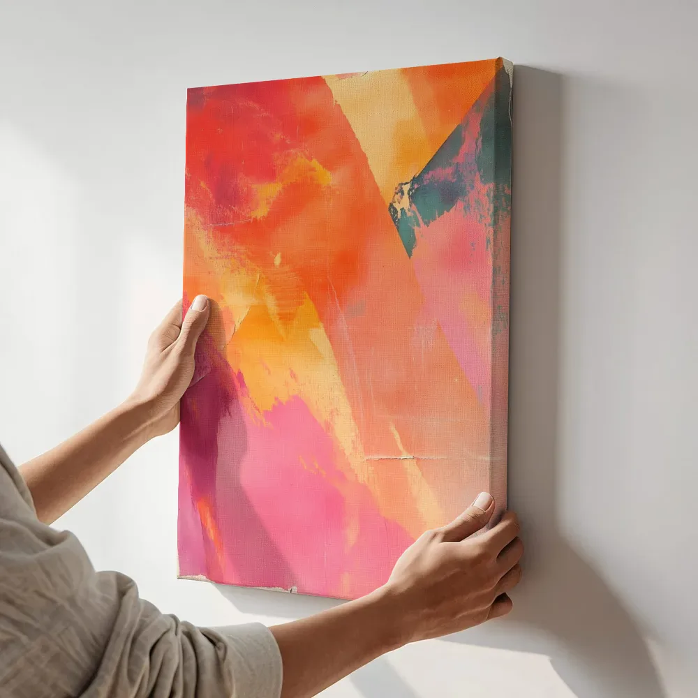 Sfeerimpressie: Rood oranje geometrische collage terwijl het aan de muur wordt gehangen