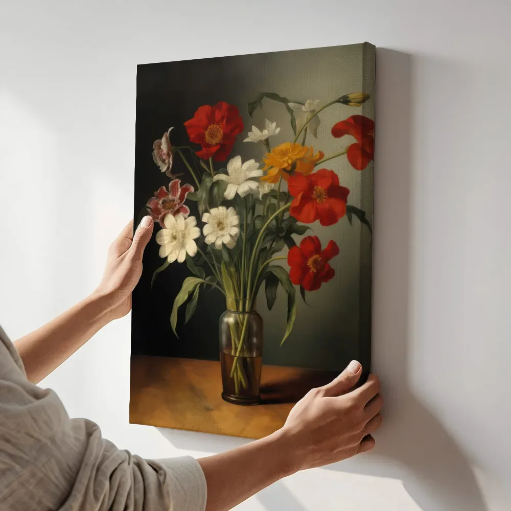 Sfeerimpressie: Rood-wit boeket met klaprozen en margrieten terwijl het aan de muur wordt gehangen