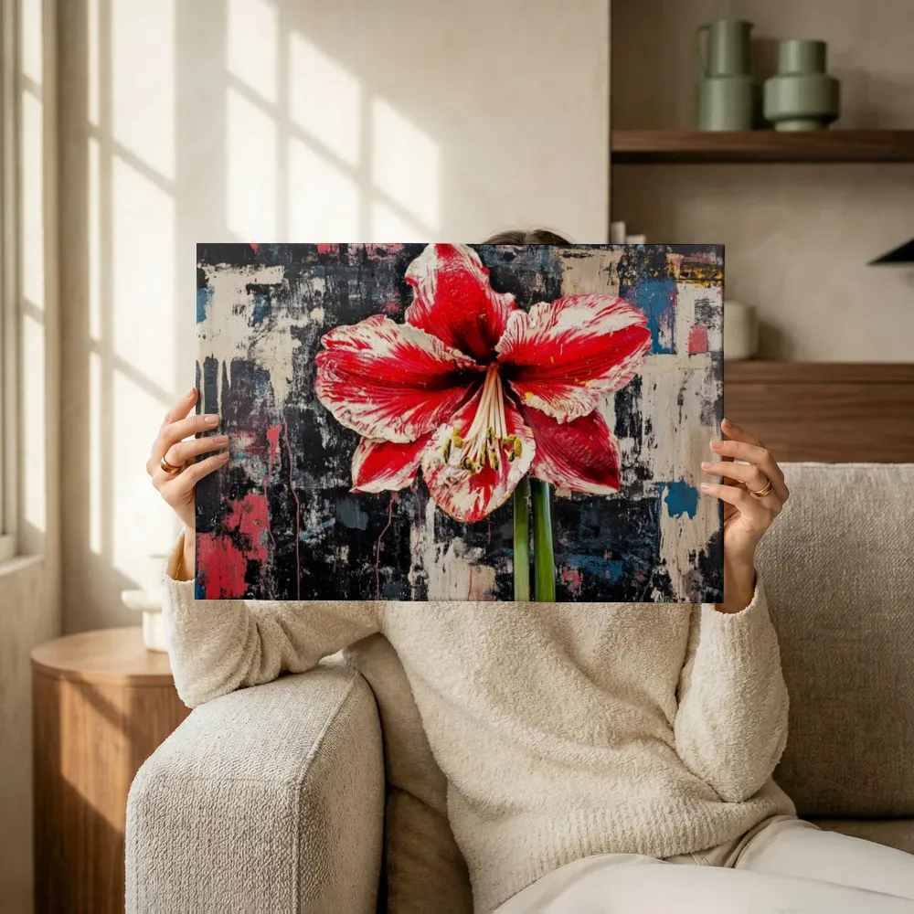 Sfeerimpressie: Rood-witte amaryllis op graffiti muur terwijl het omhoog wordt gehouden