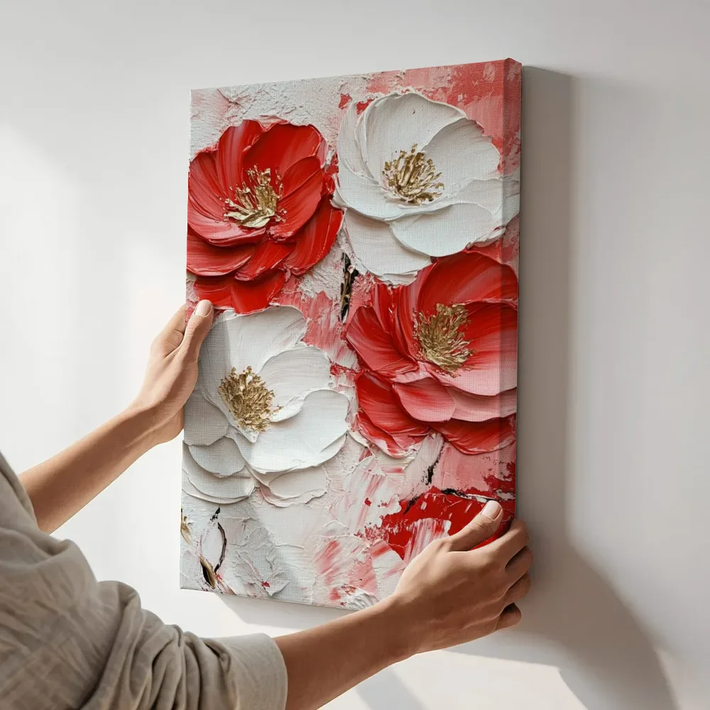 Sfeerimpressie: Rood-witte klaprozen terwijl het aan de muur wordt gehangen