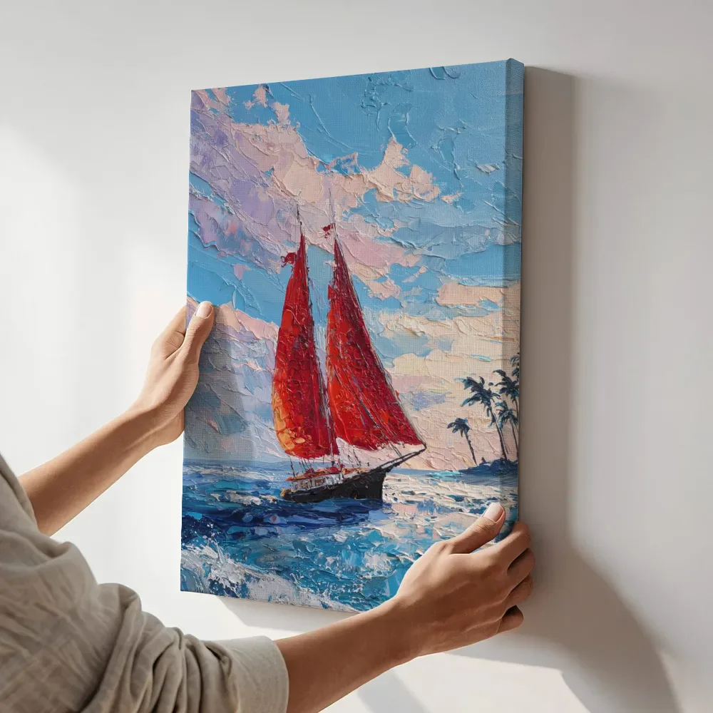 Sfeerimpressie: Rood zeil schip bij tropische zonsondergang terwijl het aan de muur wordt gehangen