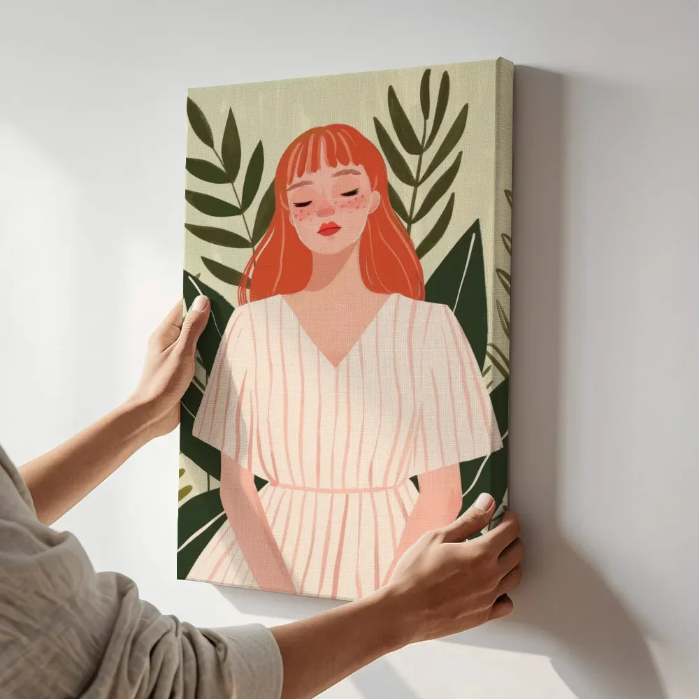 Sfeerimpressie: Roodharige vrouw tussen planten terwijl het aan de muur wordt gehangen