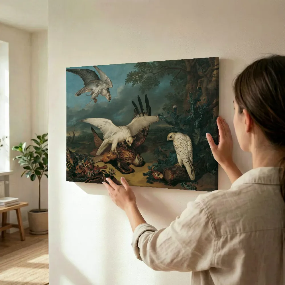 Sfeerimpressie: Roofvogel verslagen door IJslandse haviken van Philipp Ferdinand de Hamilton terwijl het wordt opgehangen
