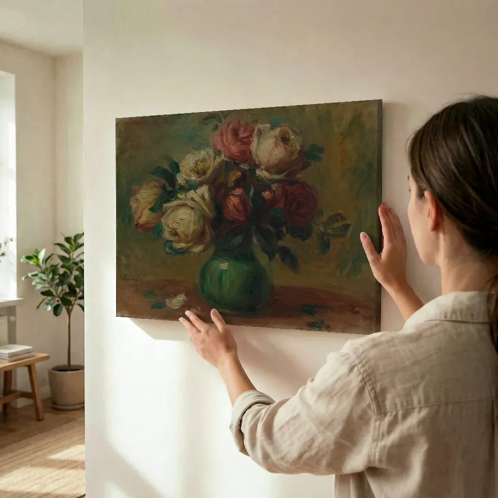 Sfeerimpressie: Roses in a Vase van Pierre-Auguste Renoir terwijl het wordt opgehangen